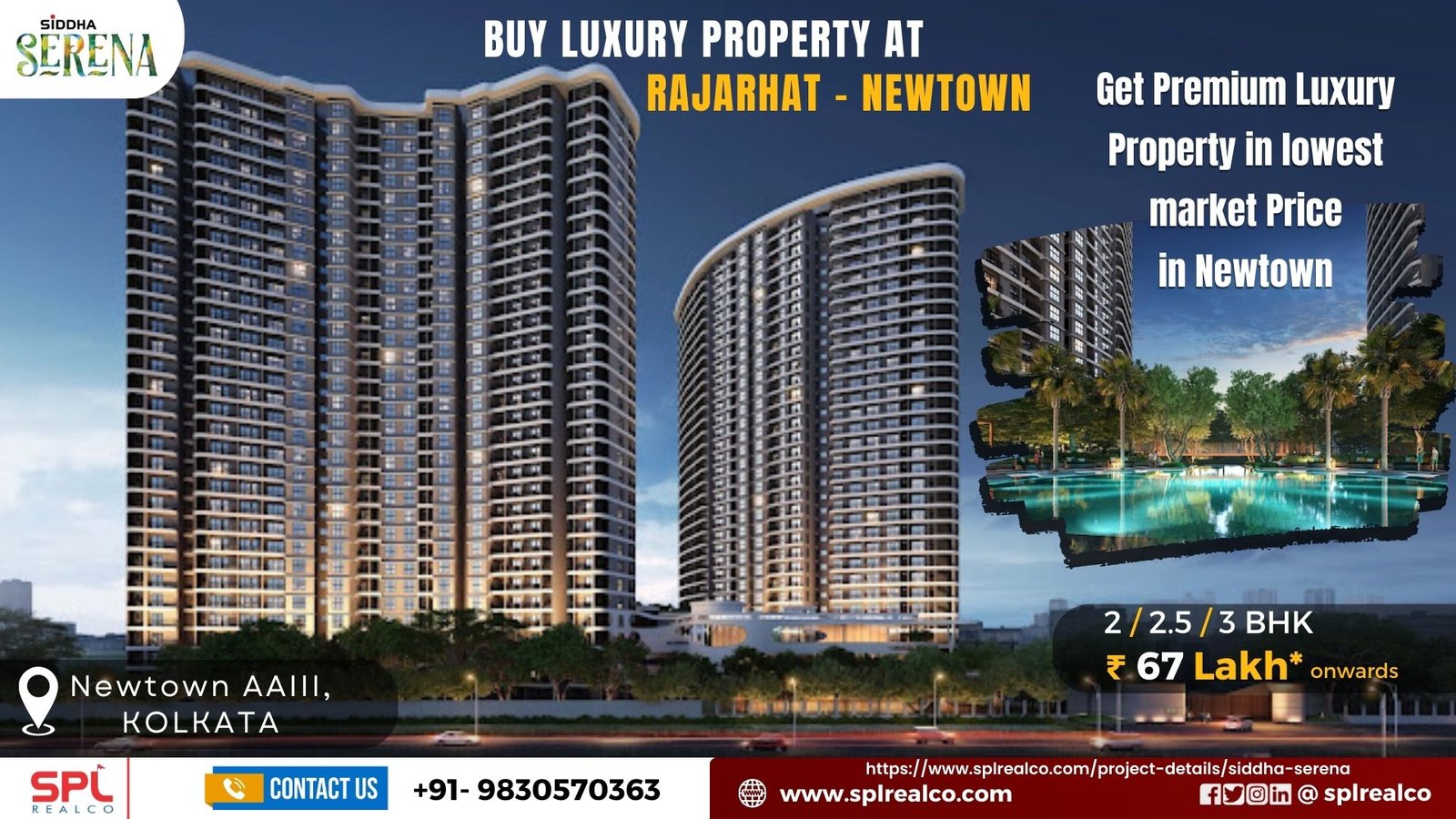 3 BHK flat for sale in Rajarhat at Siddha Serena from 1 Cr. onwards